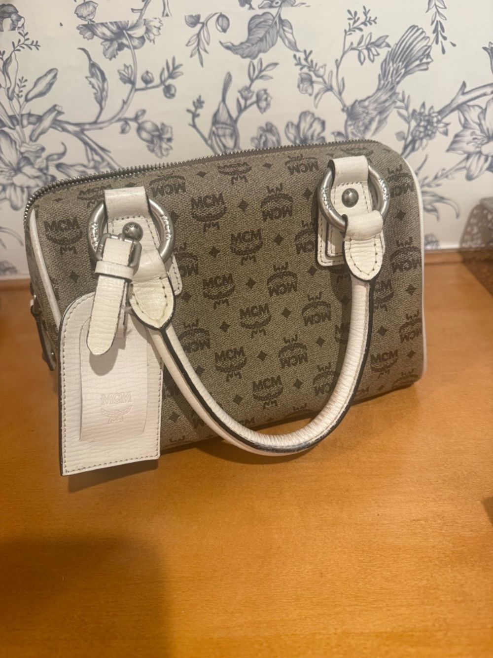 MCM Beige Monogram Mini Satchel with White Trim - Picture 2 of 10